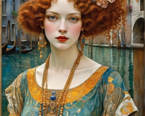 Elaborate Renaissance attire portrait against Venetian canal backdrop