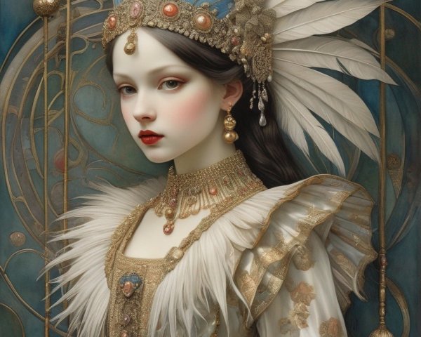 Portrait of woman with pale skin, red lips, white feather headdress, gold dress & jewels