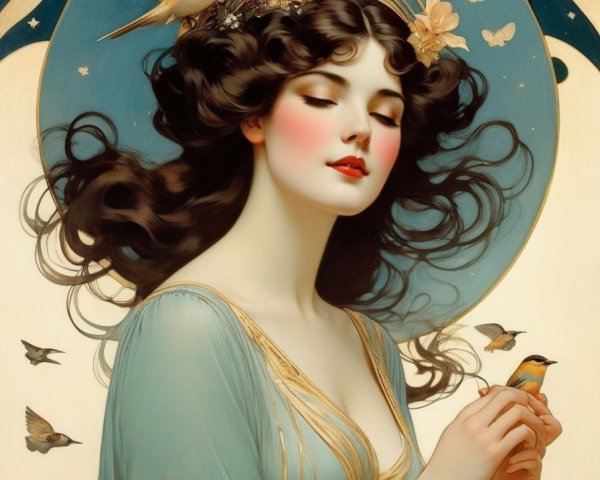 Serene Woman in Blue Gown Surrounded by Nature