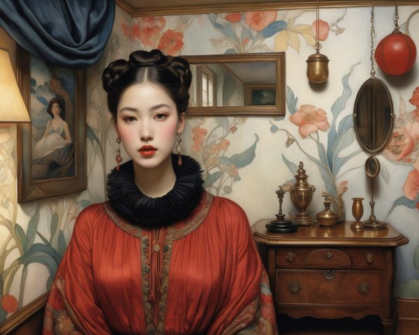 Elegant Woman in Traditional Attire in Decorated Room