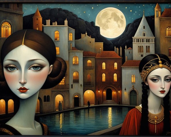 Elegant Women in Nightscape with Luminous Moon