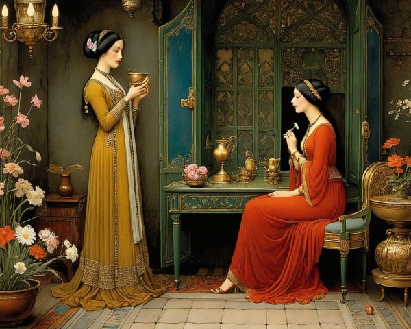 Elegant Room with Two Women in Floral Motifs