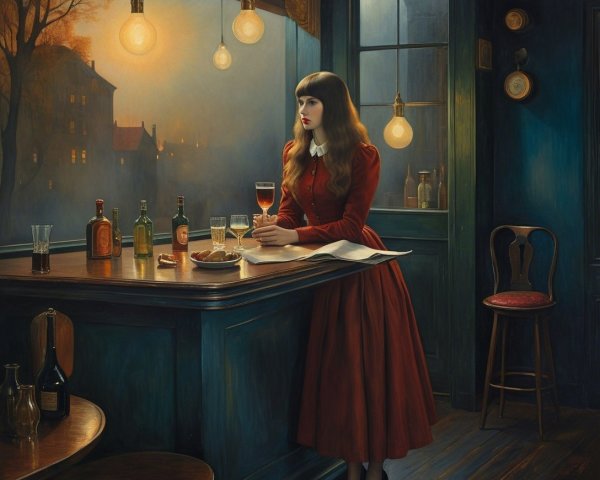 Woman in Red Dress at Dimly Lit Bar with City View