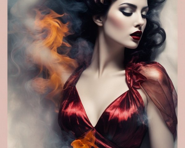 Woman in red dress surrounded by smoky and fiery effects