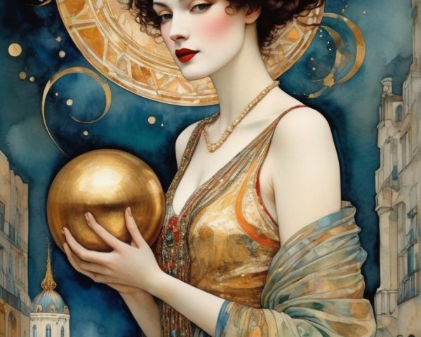 Curly-haired woman holding golden sphere with celestial gears backdrop