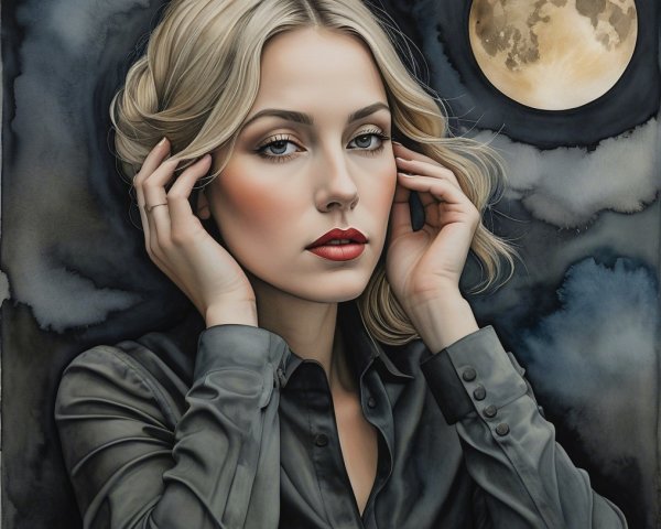 Young Woman Portrait with Moonlit Night Sky