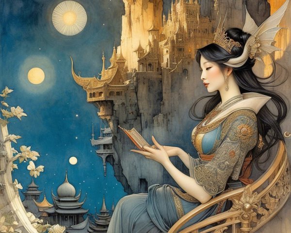 Serene Figure Reading on Ornate Balcony at Twilight