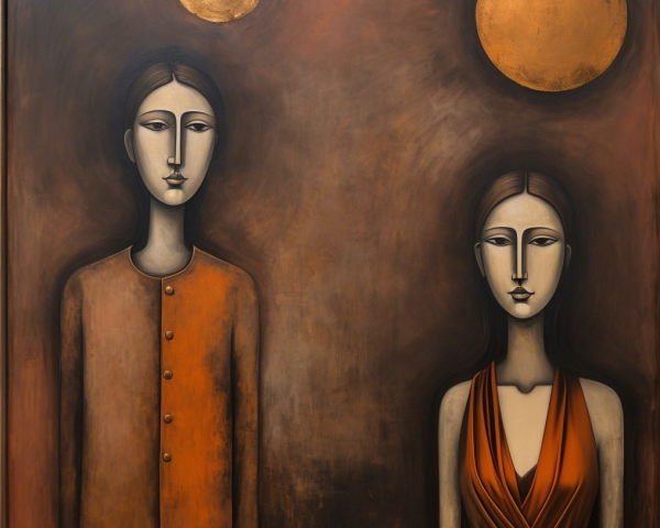 Stylized Figures with Golden Suns in Earthy Background