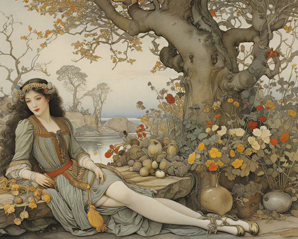 Young Woman in Green Gown Amidst Nature's Beauty