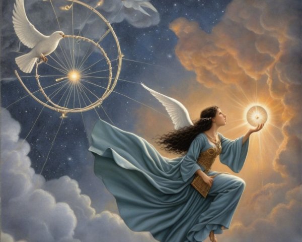 Serene angel in blue gown among clouds and doves