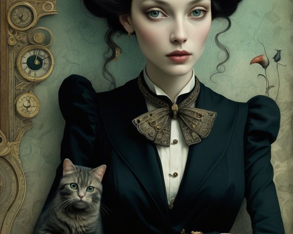 Elegant Woman in Black Dress with Gray Cat and Clocks