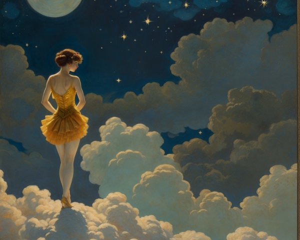 Ballet Dancer on Cloud Under Full Moon and Stars