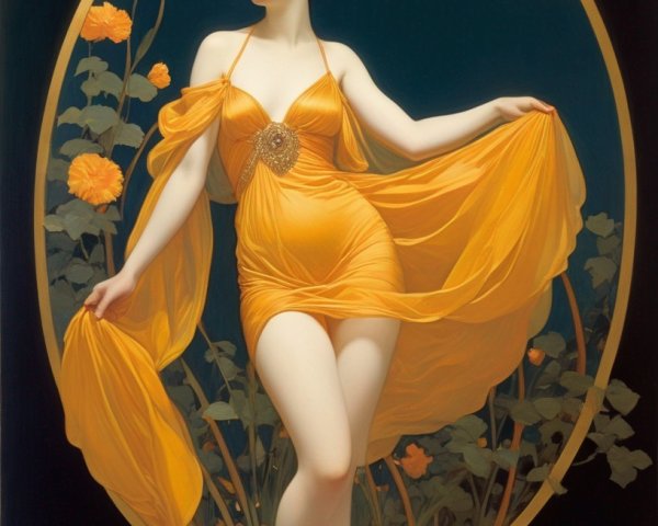 Art Nouveau Illustration of Woman in Yellow Dress