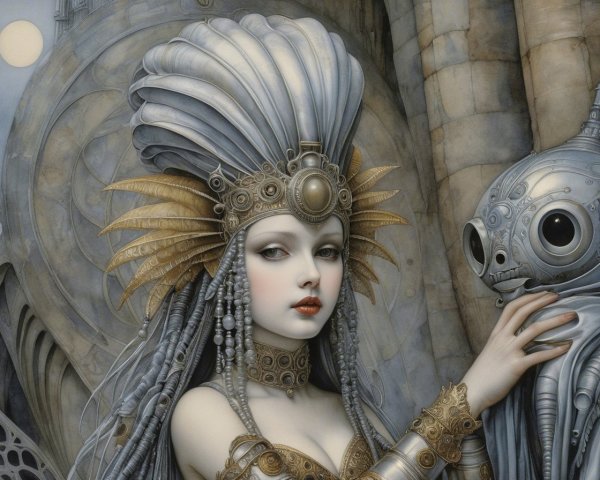 Intricate Figure in Ornate Attire with Gothic Backdrop