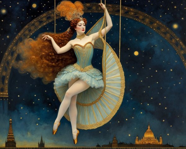 Woman in Blue Ballet Costume on Crescent Moon Painting
