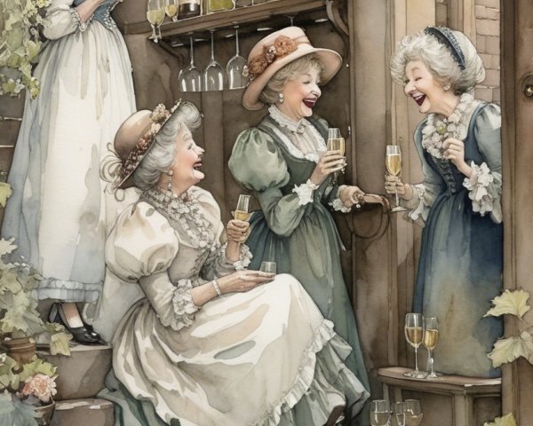 Watercolor Illustration of Elderly Women Celebrating