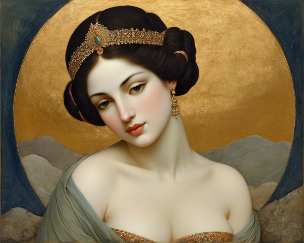 Elegant Woman with Crown Against Golden Background
