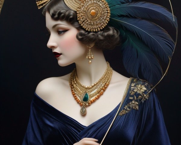 Elegant Woman in Gold Headdress and Blue Velvet Dress
