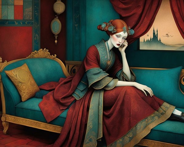 Woman in Red Gown on Turquoise Couch in Serene Setting