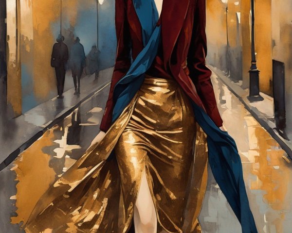 Stylish woman with red hair in gold skirt and blazer strolling urban street