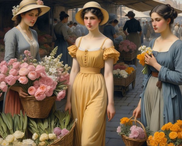 Three Young Women at a Bustling Flower Market