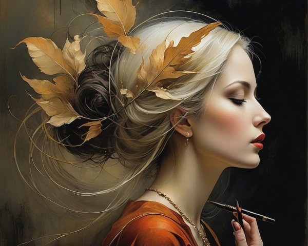 Graceful Woman with Autumn Leaves and Elegant Attire
