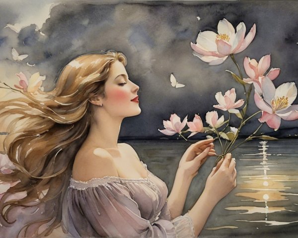 Young woman by tranquil water with pink flowers