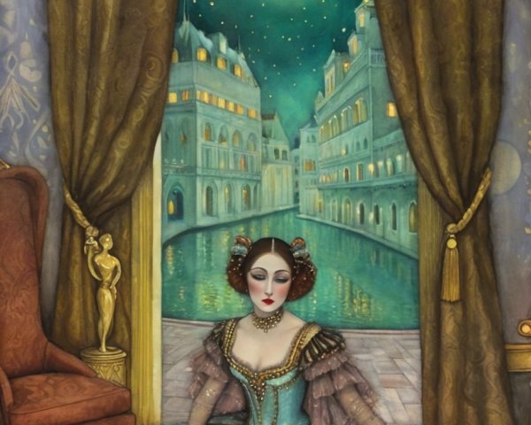Vintage-inspired costume in a lavish moonlit room