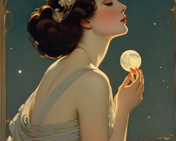 Serene Woman Holding Full Moon in Starry Night Sky