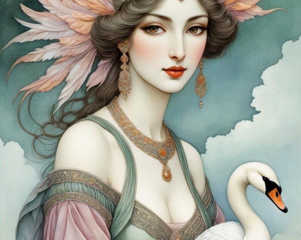 Illustrated Woman in Vintage Garb Holding a Swan