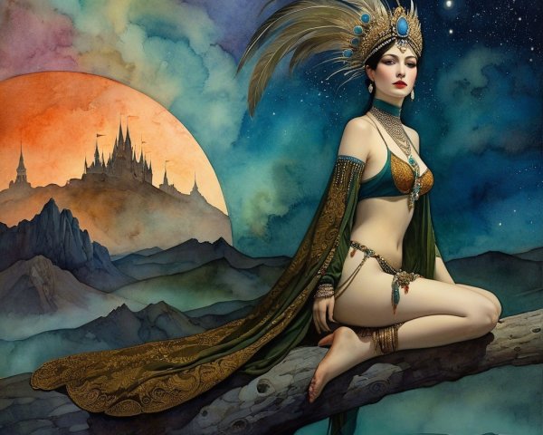 Mystical Figure on Branch in Twilight Fantasy Scene