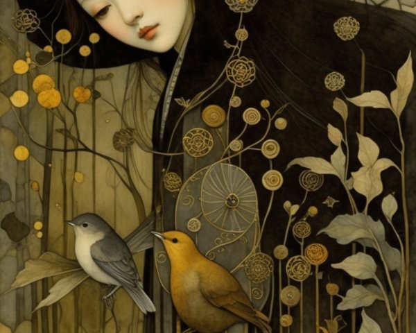 Ethereal Woman Surrounded by Floral Patterns and Birds