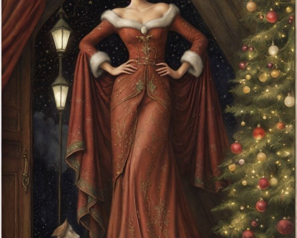 Woman in festive red gown with cats by Christmas tree in snowfall