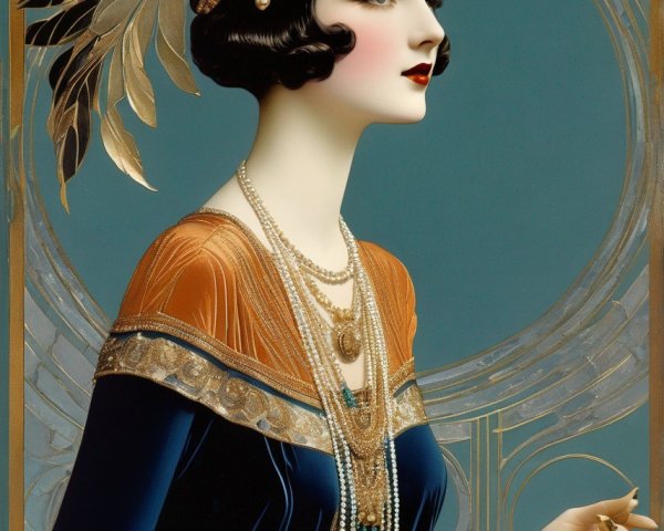 Art Deco Illustration of Woman in Gold and Blue