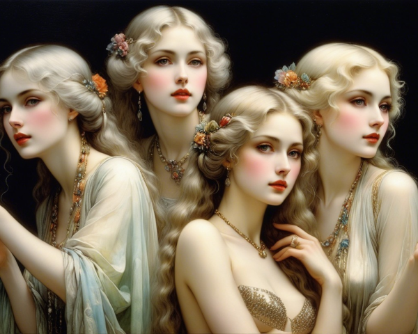 Elegant Digital Painting of Five Women in Mucha Style