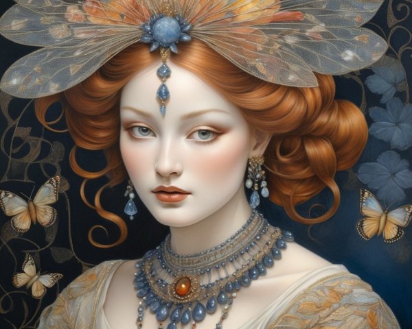 Portrait of a Woman with Red Hair and Floral Elements