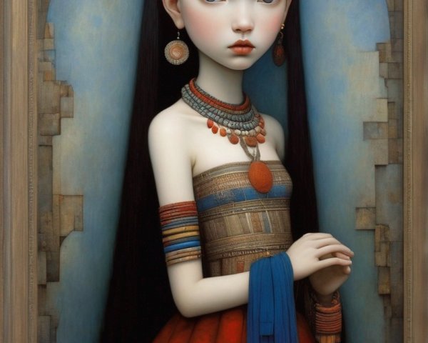 Portrait of young girl in red dress under arch with stone figures