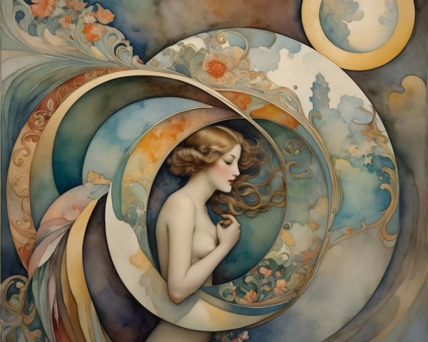 Ethereal Woman Surrounded by Pastel Floral Motifs