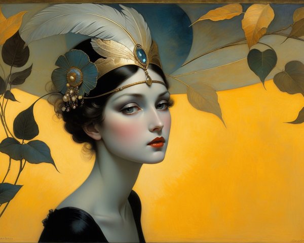 Elegant Woman with Feathered Headdress and Jewels