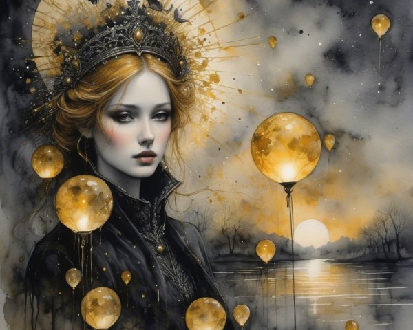 Mystical Portrait of Woman with Crown and Golden Balloons