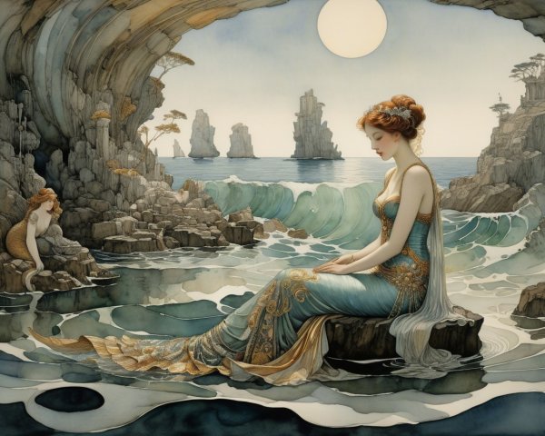 Mermaid on a Rock in a Serene Coastal Setting