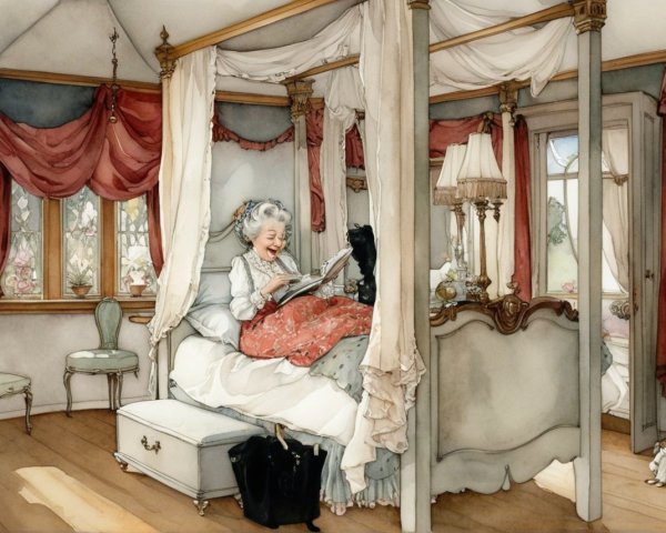 Elderly Woman Reading in Cozy Four-Poster Bed