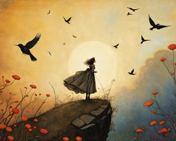 Young girl on cliff at sunset with flowers and birds