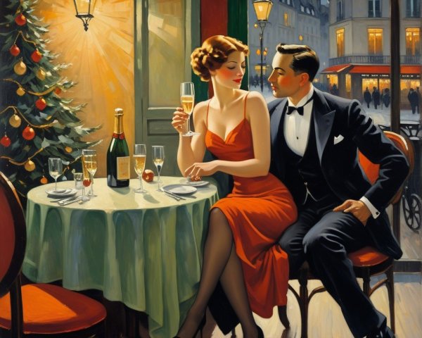 Cozy Restaurant Scene with Couple and Christmas Tree