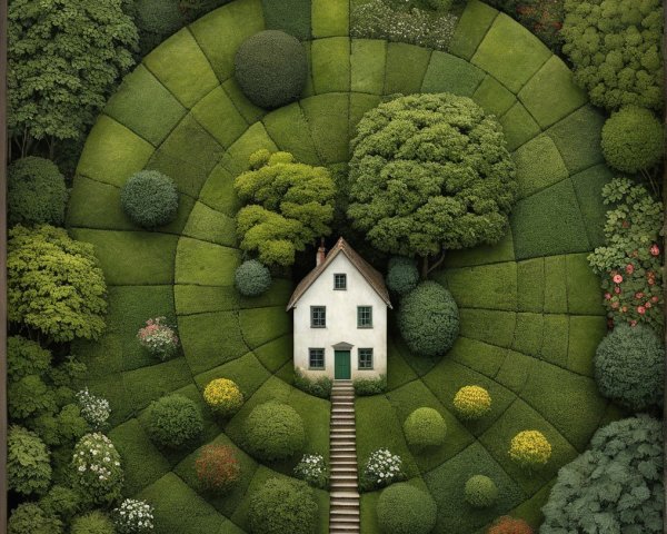 Quaint White House Surrounded by Lush Spiraling Garden