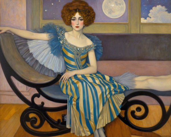 Glamorous Woman in Stylish Dress by Moonlit Window