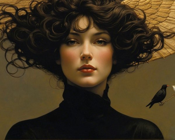 Portrait of a woman with curly hair and serene expression