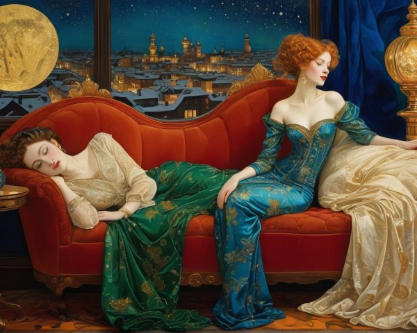 Elegantly dressed women on red sofa in opulent room with city view