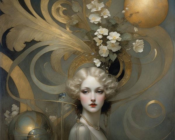 Glamorous Woman with Floral Headdress and Golden Swirls