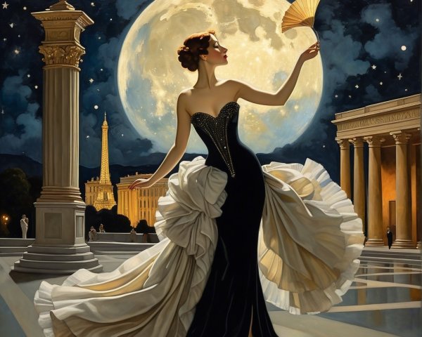 Elegant Figure in Black Gown Under Full Moon